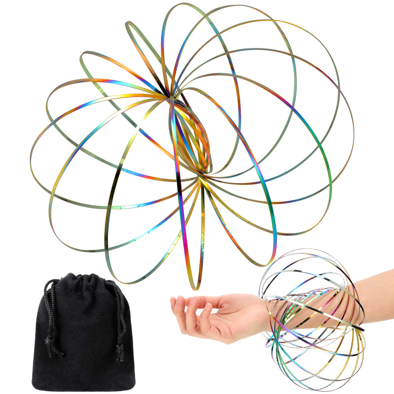 Sumind Flow Rings Toys 3D Arm Spring, Multi-colored Stainless Steel Magic Flow Ring, Interactive Educational and Anti-stress Toy for Teens, Adults, Unisex, with Black Velvet Bag