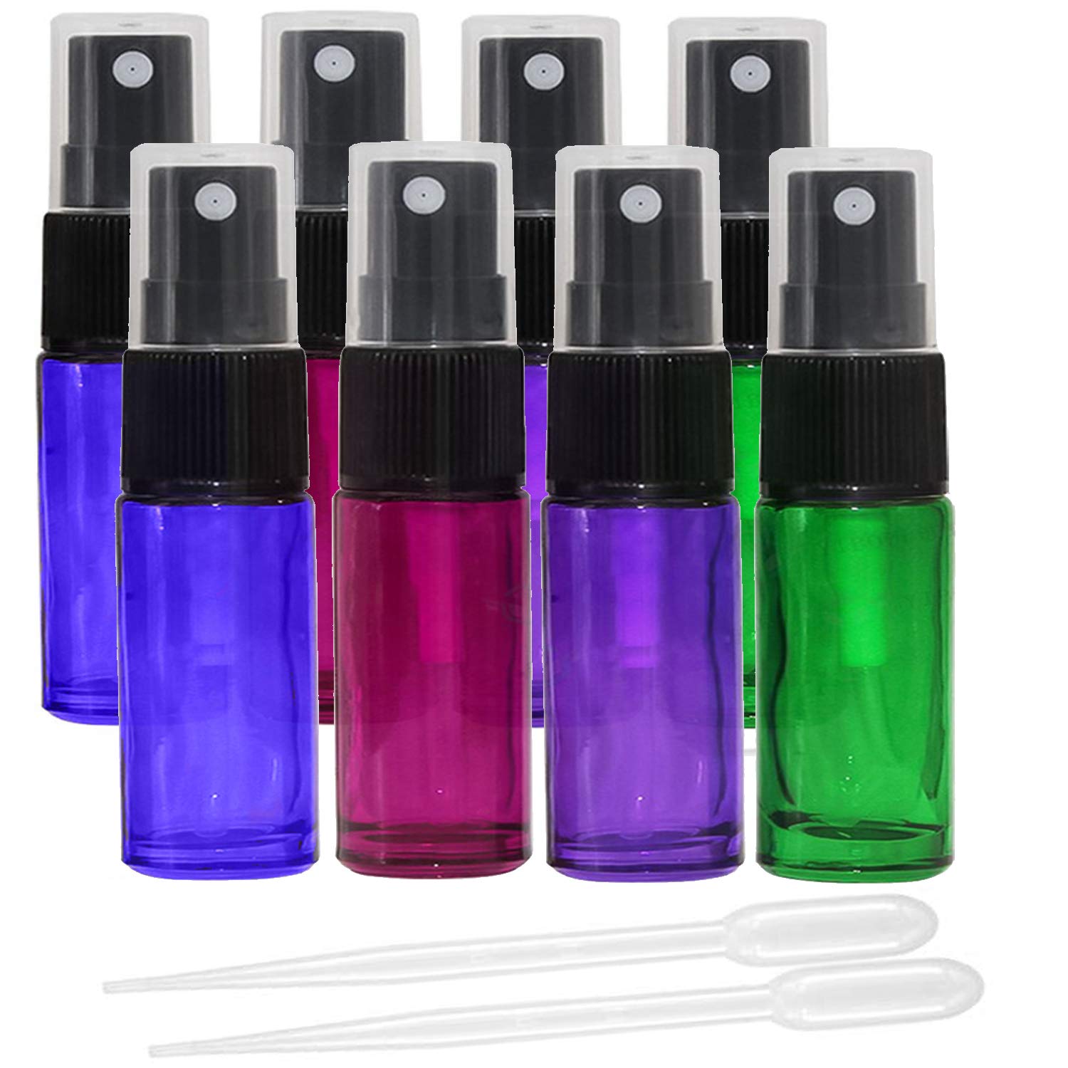 JamHooDirect 8Pcs 5ml Empty Glass Spray Bottles with Black Fine Mist Sprayers,Travel Perfume Atomiser Refillable Mini Portable Container Include 2 Droppers for Essential Oils or Night Out Fragrance