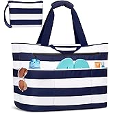 BKNOOU Extra Large Beach Bags Waterproof Sandproof XL Beach Tote Bag for Women Zipper Foldable Swim Pool Bag with Wet Pocket