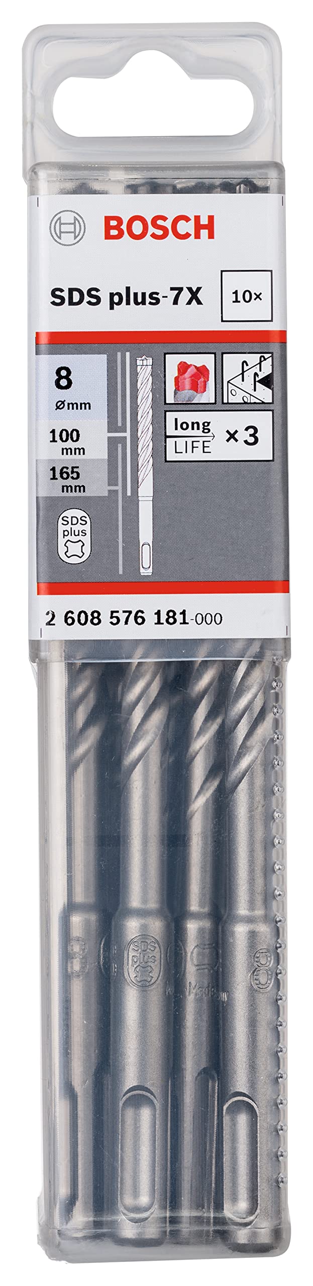 Bosch Professional 10-piece Hammer drill bit SDS plus 7X (for concrete and masonry, 8 x 100 x 165 mm, rotary hammer accessories)