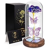WOKEISE Valentines Day Gifts for Her, Light Up Rose Butterfly in Glass Dome, Birthday Anniversary Flowers Lighted Roses Gifts for Women,Wife,Mom, Grandma,Girlfriend,Girls,Sister-Purple