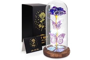 WOKEISE Light Up Rose Butterfly in Glass Dome, Birthday Gifts for Women, Anniversary Flower Lighted Roses Gifts for Wife,Mom, Grandma,Girlfriend,Girls,Sister,Christmas, Purple