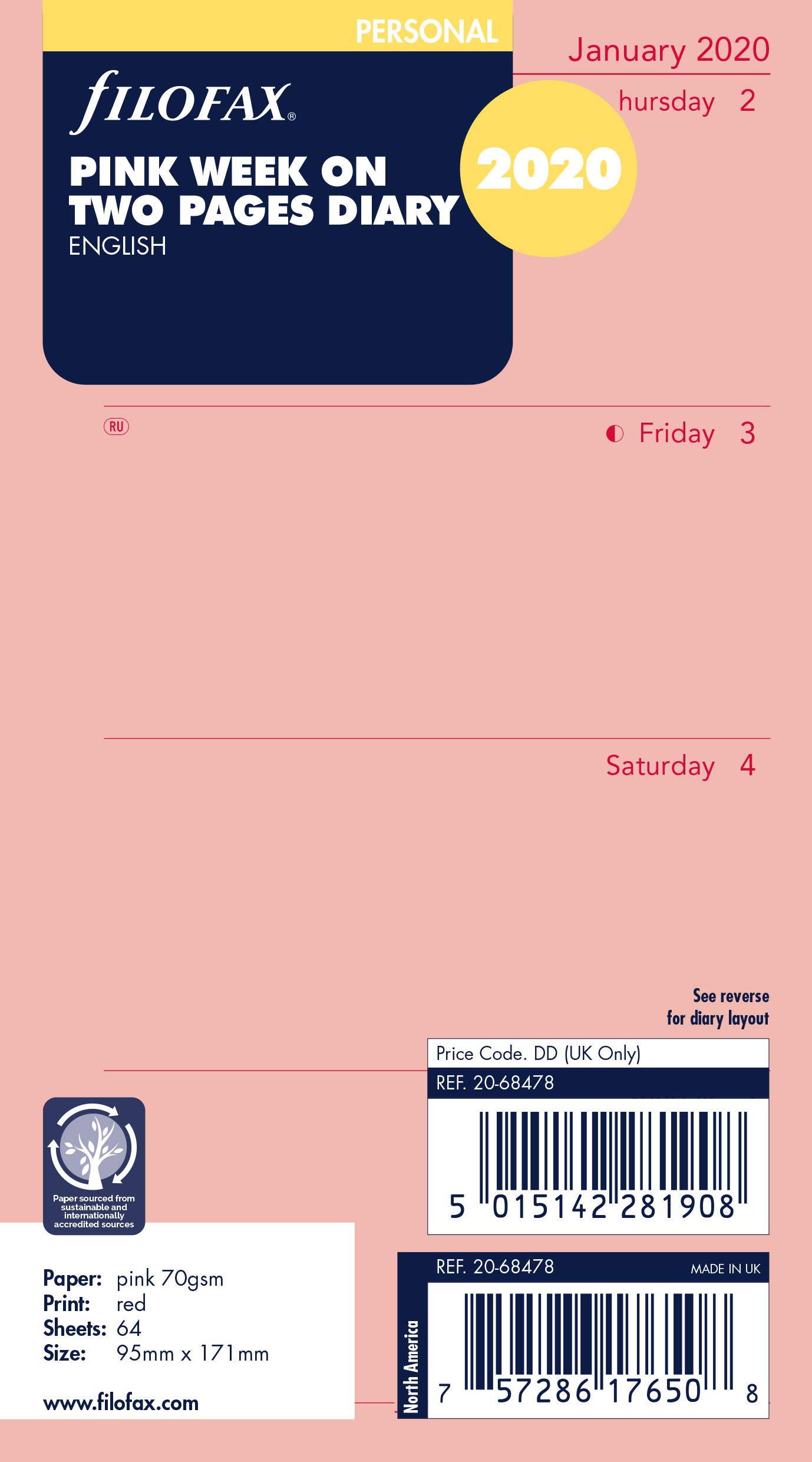 Filofax Personal Week on 2 Pages 2020 Pink