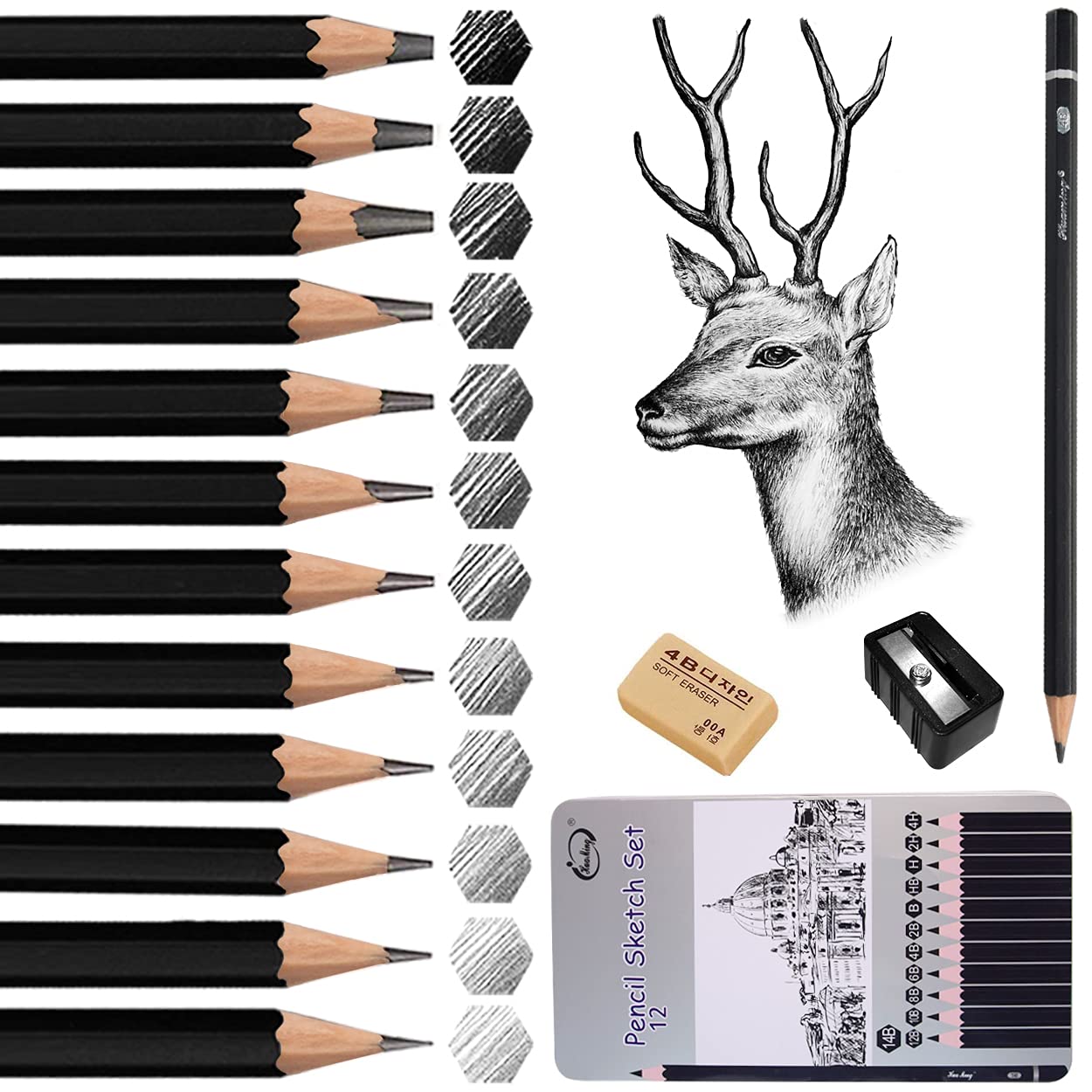 Surcotto Drawing Pencils, Professional Sketching Pencils Set for Artist Pencils with Eraser and Sharpener (14B-4H)