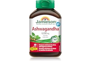 Jamieson High-Potency Ashwagandha 6,000 mg, Increases Resistance to Stress, Adaptogen, and Enhances Memory. Non-GMO, Vegetari