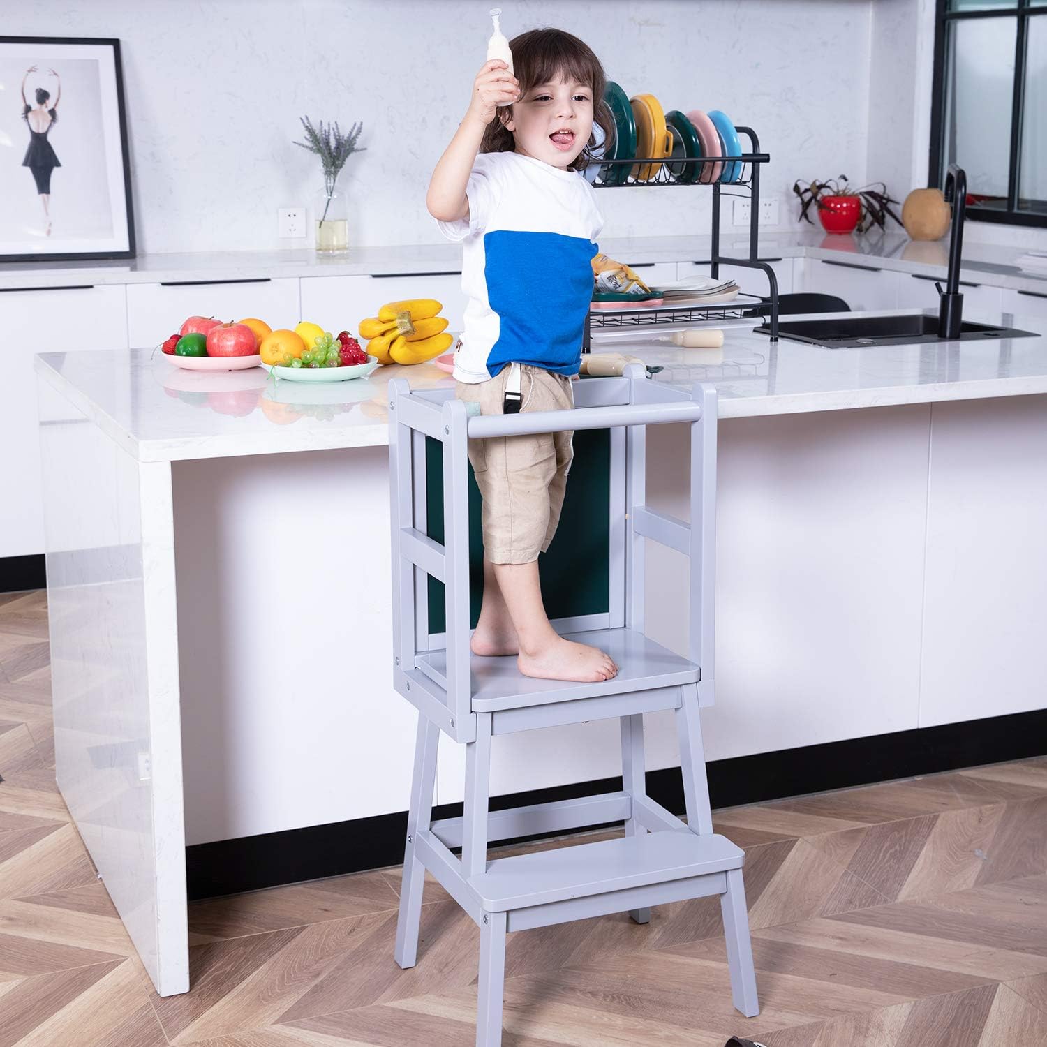 HOUCHICS Kids Kitchen Step Stool Children Wooden Standing Tower,Toddler Kitchen Helper Tower Footstool for Kitchen,Bathroom(Gray): Furniture & Decor