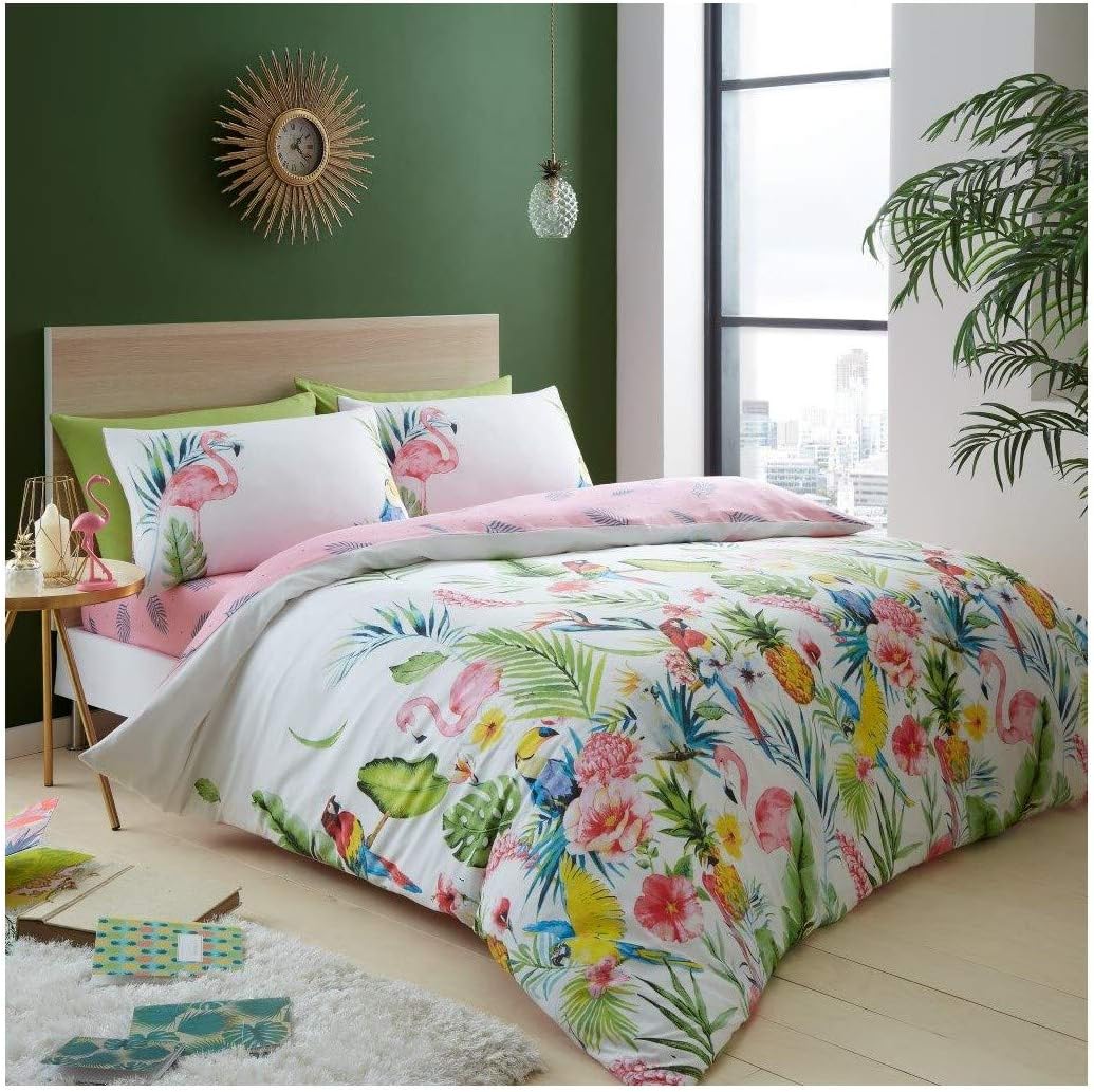 Hendem® Leila White Duvet Cover Pillow Case Tropical Flamingo Modern Bedroom Reversible Floral Bedding Set (Double)