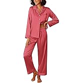 Ekouaer Womens Silk Satin Pajama Sets 2 Piece Sleepwear Pjs Set Long Sleeve Button Down Top and Pants Stripe Loungewear S-XXL