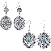 Dreuyet 2 Pairs Western Earrings for Women Vintage Rustic Couture's Cowgirl Oval Turquoise Dangle Earring Concho Dangling Earrings Country Concert Outfits Statement Jewelry