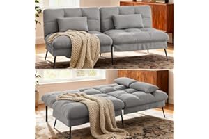COMHOMA Convertible Futon Sofa Bed, 72″Fabric Futons Couch with Adjustable Backrest, Folding Sleeper Recliner for Living Room Furniture (Dark Grey)