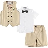 LOLANTA 4Pcs Summer Boys Suit, Kids Dress Clothes Shirt Vest Shorts Bow Tie, Waistcoat Tuxedo Wedding Ring Bearer Outfit