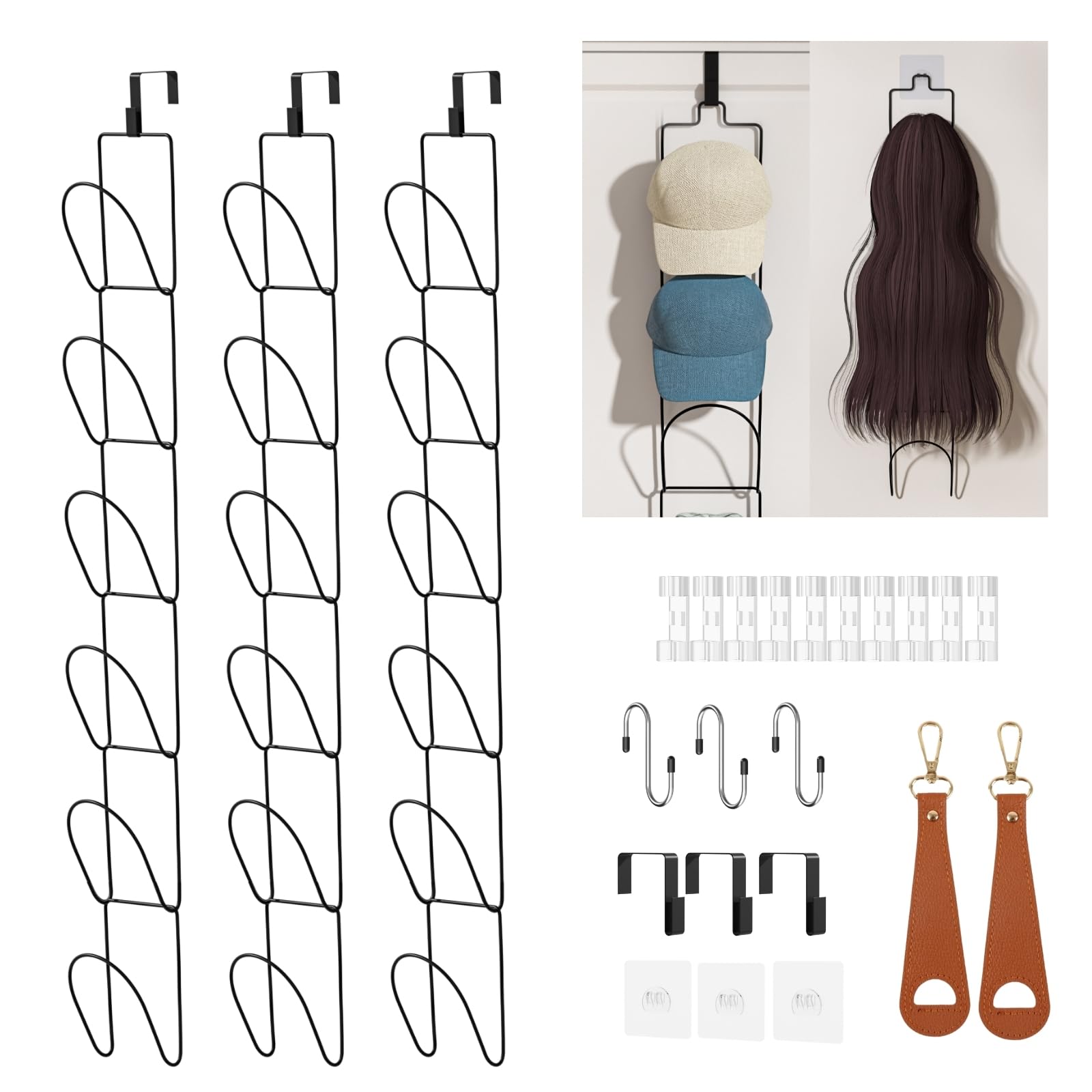 Photo 1 of 18 Pack Over The Door Hat Organizer for baseball caps | Multi-Functional Baseball Hat Rack for Closet | Wall Mounted Hat s torage organizer | 5 types of accessories cap holder stand w hooks ,Black