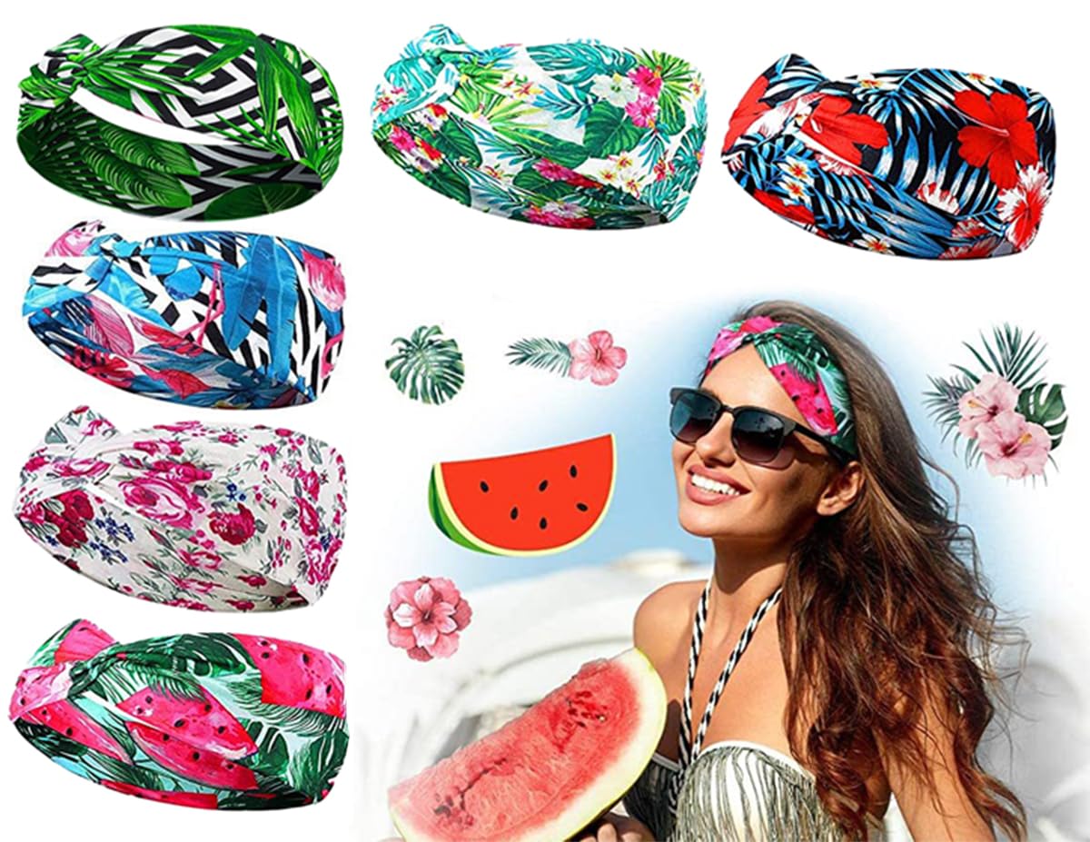 6Pcs headbands for women's wide headband Hawaiian beach vacation style boho retro head Scarfs |Yoga Hairbands Fabric Elastic Headband Sport Running Swimming Travel Headscarves (blue, One Size)