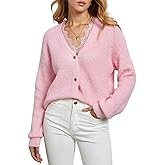 GORGLITTER Women's Lace Trim Fuzzy Cardigan Knit Sweaters Dressy Cozy V Neck Button Up Long Sleeve Cardigan Trendy