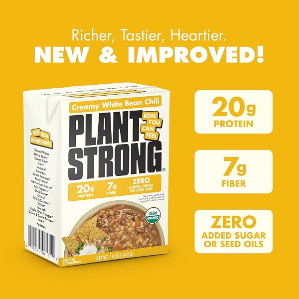 PLANTSTRONG ORGANIC CREAMY WHITE BEAN CHILI, 14.5 OZ – HIGH PROTEIN VEGAN CHILI WITH NAVY BEANS, SWEET POTATOES & CORN, 20G PROTEIN, USDA ORGANIC, NO SEED OILS, READY-TO-EAT PLANT-BASED MEAL