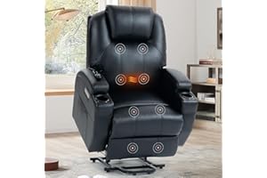 EZZUP Power Lift Chair for Elderly,PU Leather Electric Recliner w/Massage and Heating, 3 Positions, Side Pockets and Cup Holders, USB Ports, Remote Control, Motorized Home Theater Seat, Black