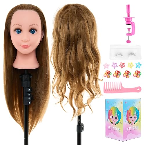 BettySmile 22" Hairdressing head,60% Real hair Mannequin Cosmetology Traingning Practice Hairdresser Doll Head for Hair Styling with table clamp,Hairdressing Tools Accessories Set