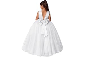 MCieloLuna Flower Girls Dresses for Wedding Satin Tulle Princess Pageant Dress Kids Pearls Prom Ball Gowns with Bow-Knot