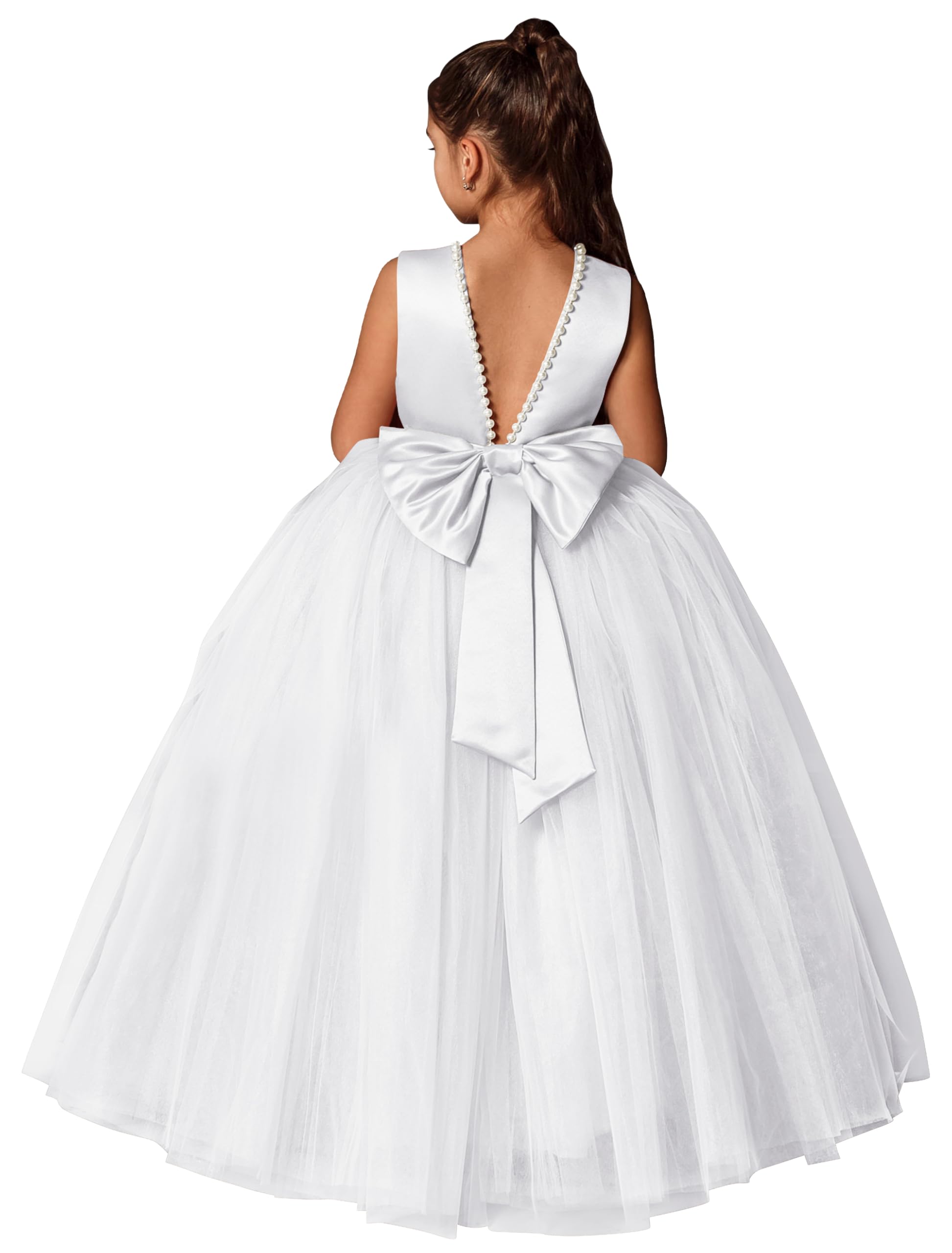 Photo 1 of (SIZE 10) MCieloLuna Flower Girls Backless Wedding Birthday Party First Communion Dress Pearls Tulle Tutu Pageant Dress with Bow-Knot White Size 10