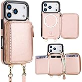 Bocasal for MagSafe Crossbody Wallet Case Compatible with iPhone 17 Pro, RFID Blocking Protective Purse Case with Card Slots Holder Kickstand Wrist Strap Lanyard Zipper 6.3 Inch 5G (Rose Gold)