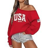Lacozy USA Sweatshirt for Women Oversized Off the Shoulder Sweater Fleece Lined Long Sleeve Hoodie 4th of July Outfits