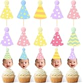 36 Pcs DIY Baby Face Photo Cake Topper Kit, Pastel Color, Elegant Style | Flat Birthday Hats with Pom Poms &amp; Wooden Stick for First Birthday Personalized Cake Decoration Baby's Cupcake Topper