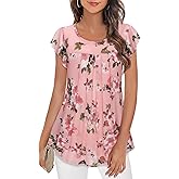 Furnex Women's Short Sleeve Tunic Shirt Pleated Mesh Blouses Summer Floral Tops