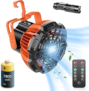 Ezire Portable Camping Fan, 7800mAh Rechargeable USB Tent Ceilling Fan &amp; LED Lantern Light, Battery Operated Desk Fan with Small flashlights for Outdoor Home Office Car Emergency