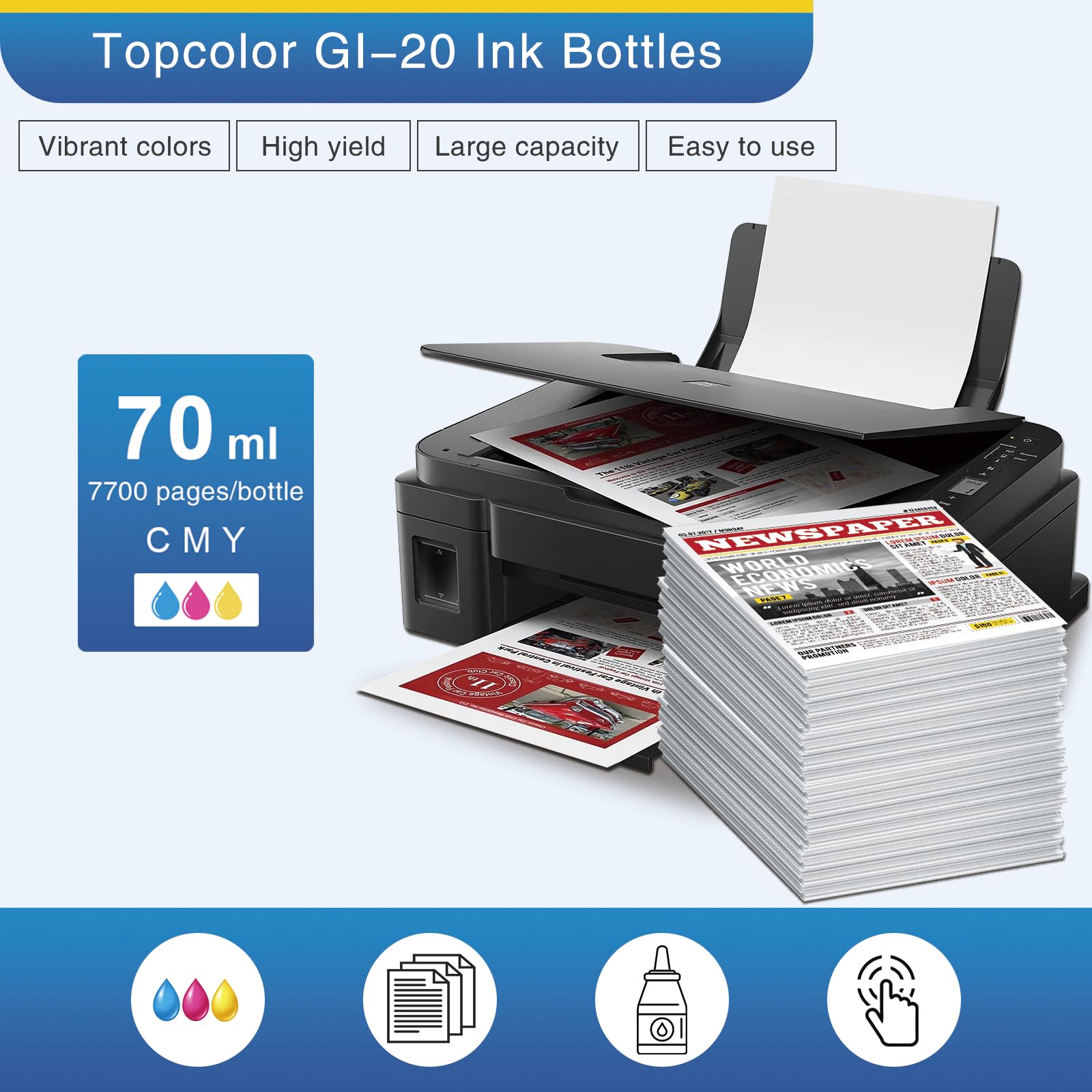 Topcolor GI-20 G7020 G6020 Color Ink Refill Bottles Compatible for Canon 20 Ink Refill Bottles for Canon GI 20 GI20 GI-20 Ink Refill Bottles Set, Compatible for Canon G7020 G6020 G5020 MegaTank