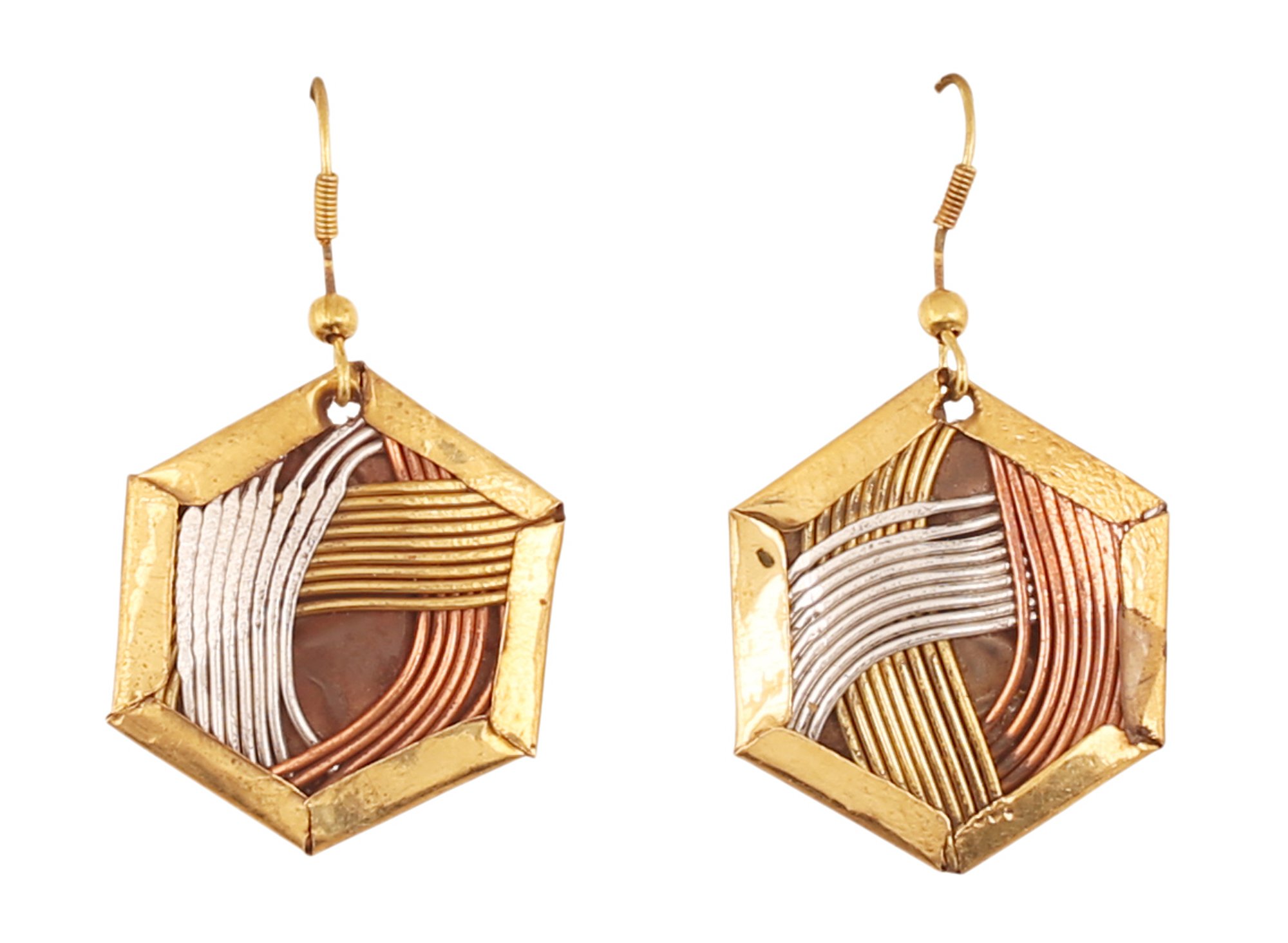 NEW! Touchstone Indian Bollywood Desire Finely Hand Finished Concentric Basket Weave Wire Pretty Look Designer Jewelry Hexagon Shape Earrings In Gold Silver And Copper Tones For Women
