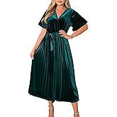 BerryGo Women's Formal Velvet Ruffle Pleated V Neck Faux Wrap Cocktail Party Dress Casual Short Sleeve Flowy Midi Dress