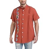 YZXDORWJ Men's Mexican Cuban Shirt Embroidered Traditional Button Down Shirt Summer Band Collar Short Sleeve Tops