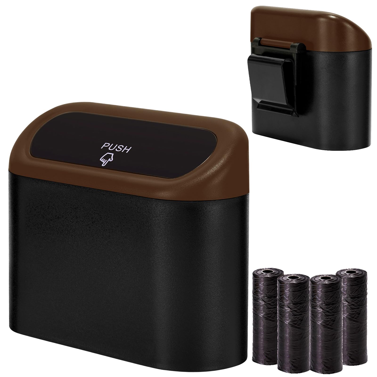Photo 1 of Ginsco Mini Car Trash Can with Lid, Small Car Garbage Can, Cute Leakproof ABS Car Trash Bin, Car Accessories for Interior, Garbage Bin for Car, Home, Office with 60pcs Trash Bags Black/Brown