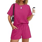 WIHOLL Women's 2 Piece Lounge Sets Short Sleeve T-Shirt and Drawstring Shorts Casual Pajamas Vacation Outfits with Pockets