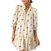 EZAPINE Women Puff Three-Quarter Sleeve Mini Dress Mock V Neck Babydoll Short Dress with Bow Print