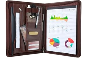 Leathario Portfolio Organizer, A4 Padfolio Folder with Notepad, Leather Zipper Folders with Pockets for Tablets Notepads File