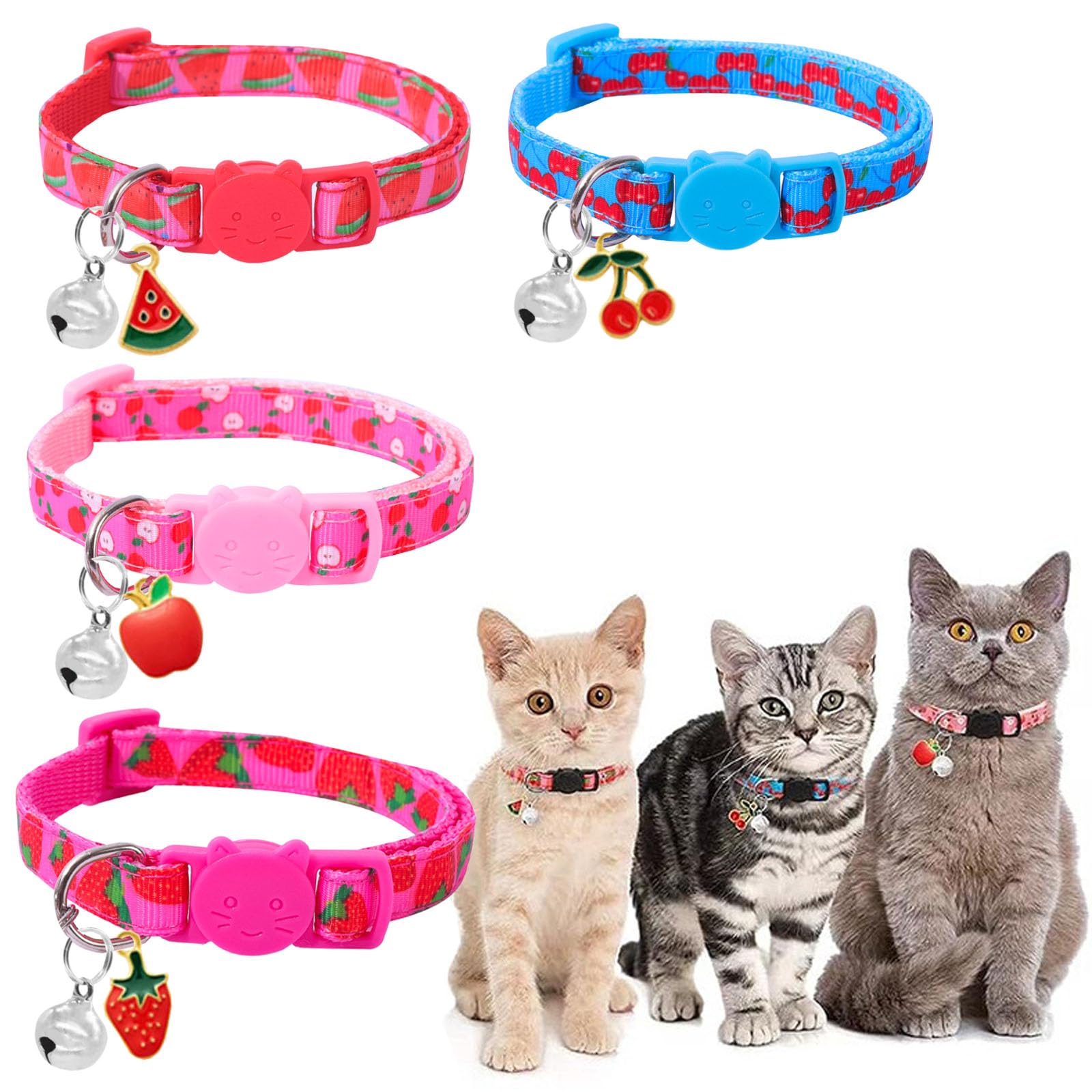 4 Pack Adjustable Cat Collars With Bell, Quick Release Buckle, Strawberry Cherry Fruit Style for Kittens