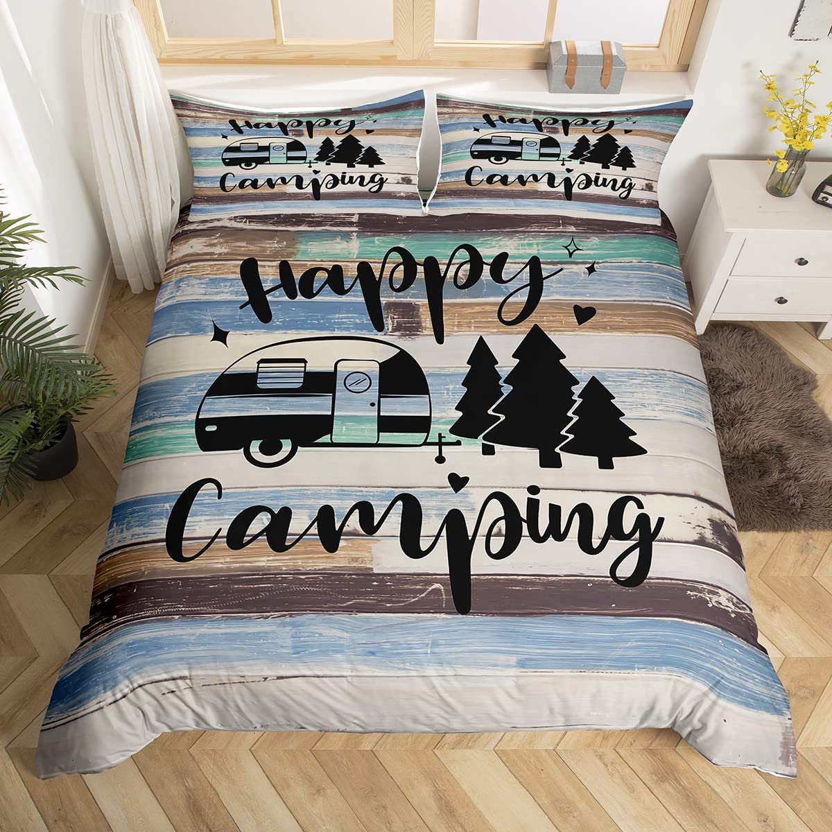 Happy Camping Bedding Set Farmhouse Brown Blue Wood Barn Comforter Cover Set for Kids Teens Bedroom Decor RV Camper Travelling Duvet Cover Microfiber Breathable Bedspread Double Size — image 1