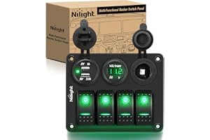 Nilight 4 Gang Rocker Switch Panel SPST On Off 12 Volt Toggle Green | 5PIN Electrical 12V/20A 24V/10A Aluminum Plate with Pre-Wired Jumper Wires for LED Light Bar Rear Rock Lights RV Boats 4X4
