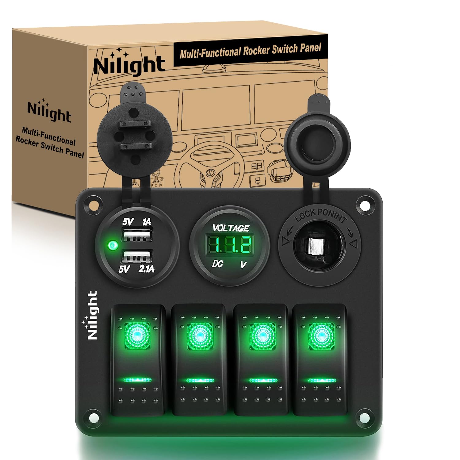 Nilight 4Gang Rocker Switch Panel with USB Charger Voltmeter and Cigar Lighter 12V 24V Toggle ON Off Green Night Glow Stickers for Cars Rvs Trucks Image