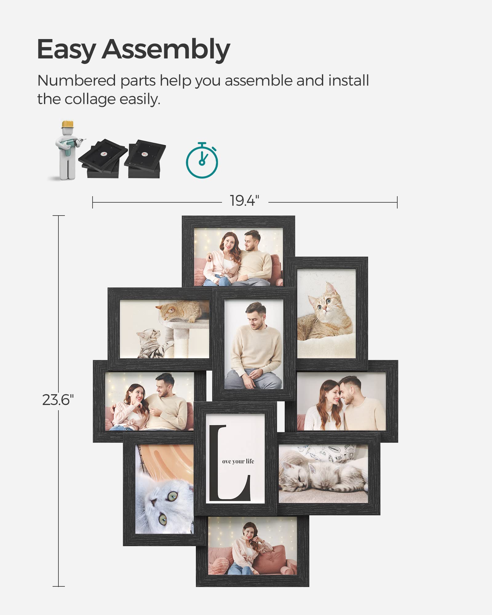 SONGMICS 4x6 Collage Picture Frames for Wall Decor, 10 Pack Family Photo Collage Frame Set for Gallery, Glass Front, Assembly Required, Ink Black URPF20BK