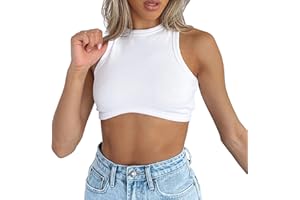 Dwnval Sexy Sleeveless Crewneck Ribbed Knitted Tank Crop Tops for Women