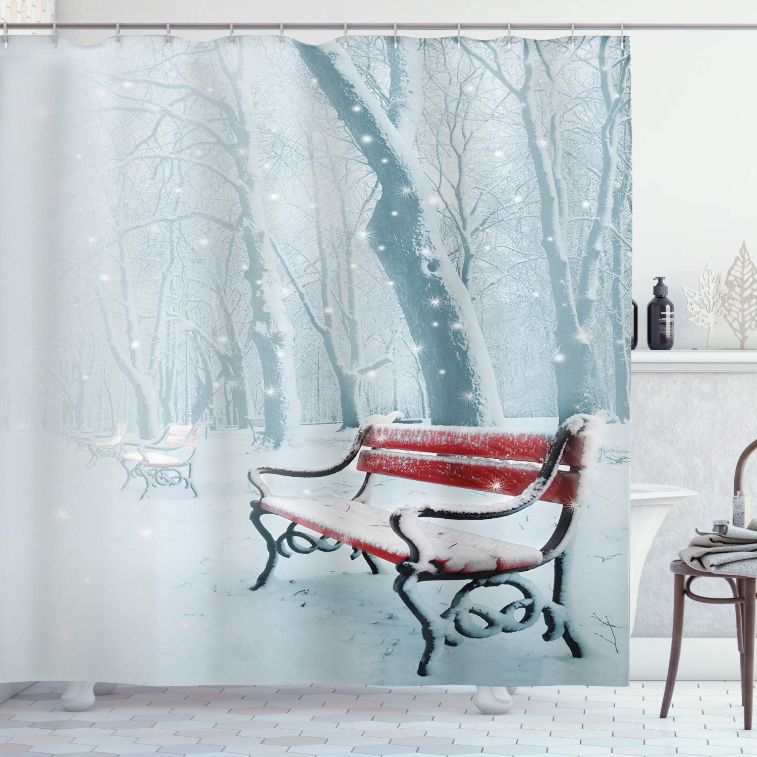 ABAKUHAUS Forest Shower Curtain, Row Iced Red Benches in a Park's Pathway Misty Crystalline in the Weather Forest Photo, Cloth Fabric Bathroom Decor Set with Hooks, 175 x 200 cm, White