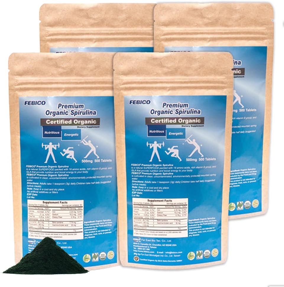 FEBICO Organic Spirulina Powder - Vitamin B12 Complex, Vegan, Energy Boost, Immune System Support, Best Green Superfood- Non-Irritated, Non-GMO, USDA, Naturland, Halal Certified-Set of 4.