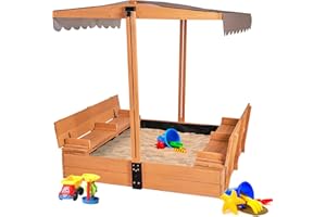 GUTINNEEN Large Wooden Kids Sand Box with Cover,Sandbox with Lid Foldable Beench Seats,Sand Boxes for Backyard Garden, Beach Patio Outdoor
