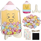 57pcs Magnetic Pencil Reward Jar, 8x12Inch Personalized Wooden Reward Jar System, Pencil Chart Bottle with Display Stand Letter Sticker Cord Magnet for Student Teacher Classroom (Yellow)