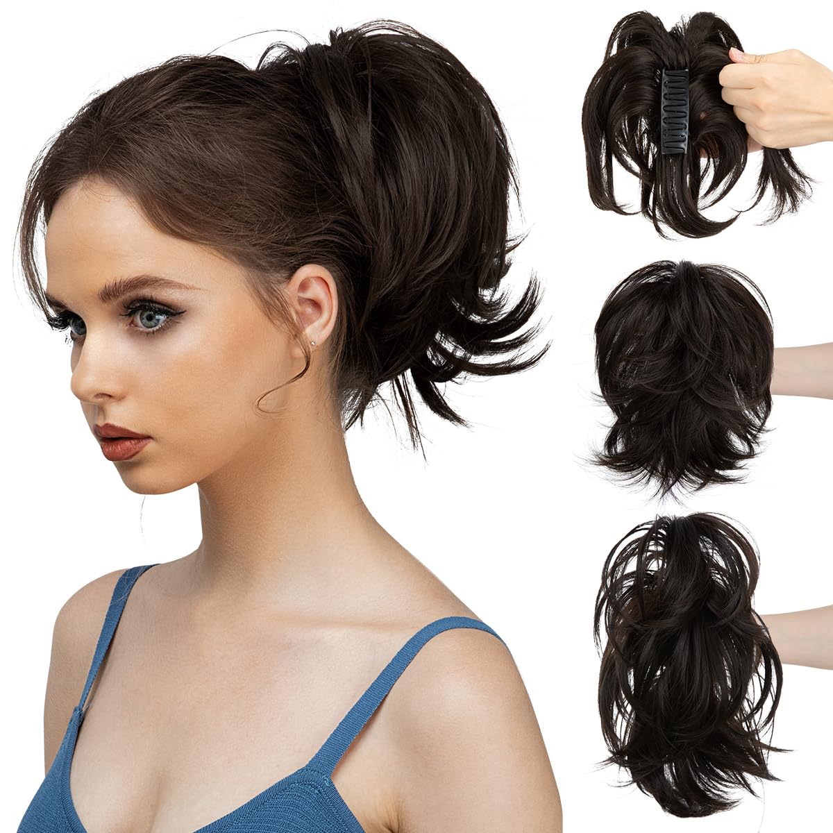 Photo 1 of CJL HAIR Claw Clip Short Ponytail Hair Extensions DIY Bendable Metals Messy Bun Hair Piece for Wonen Straight Synthetic Fake Hairpieces Black Brown