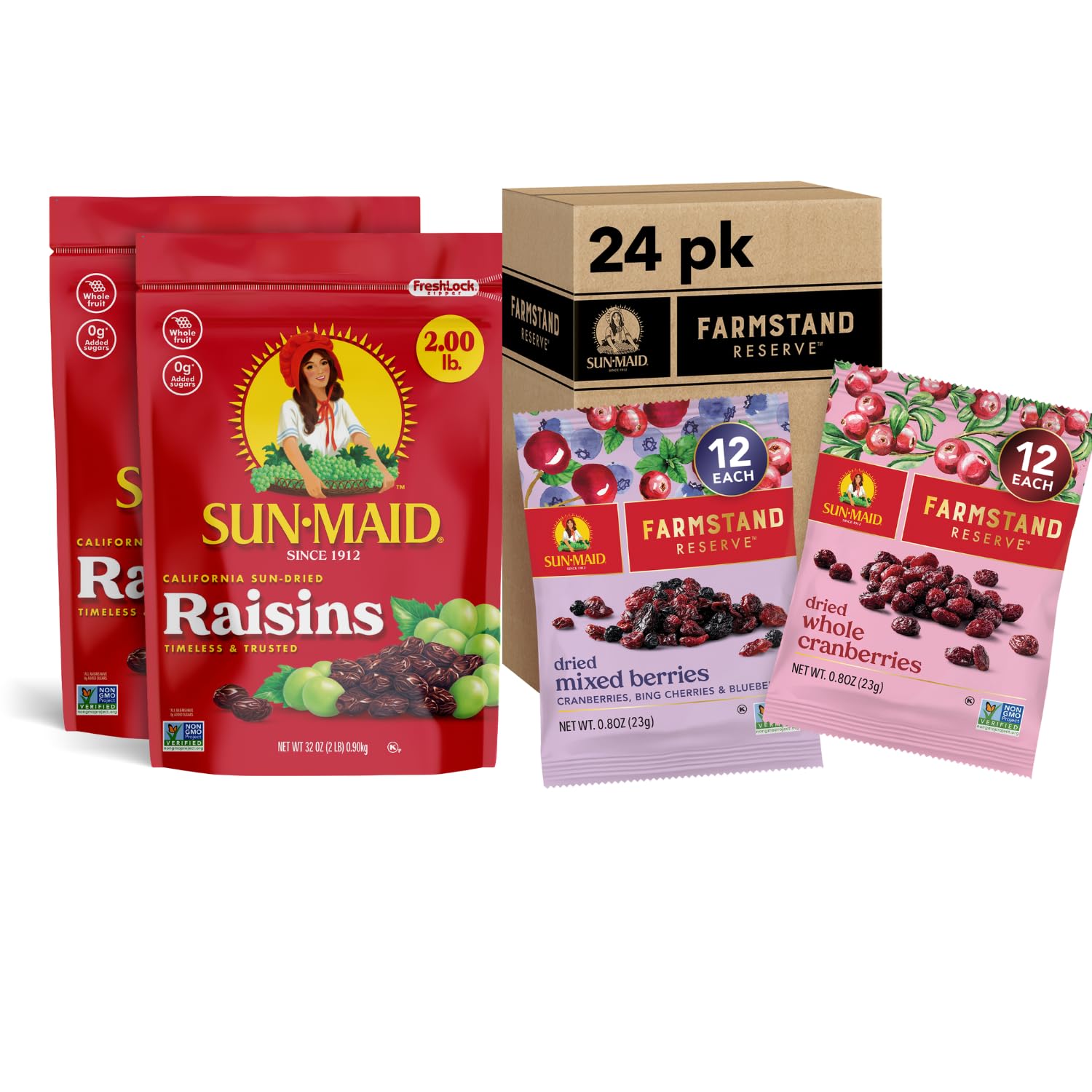 Sun-Maid Bundle California Sun-Dried Raisins 32oz, 2 Pack Resealable Bag + Farmstand Reserve 24 Count Variety Pack - 0.8 oz Snack Bag – (12) Whole Dried Cranberries and (12) Dried Mixed Berries Image