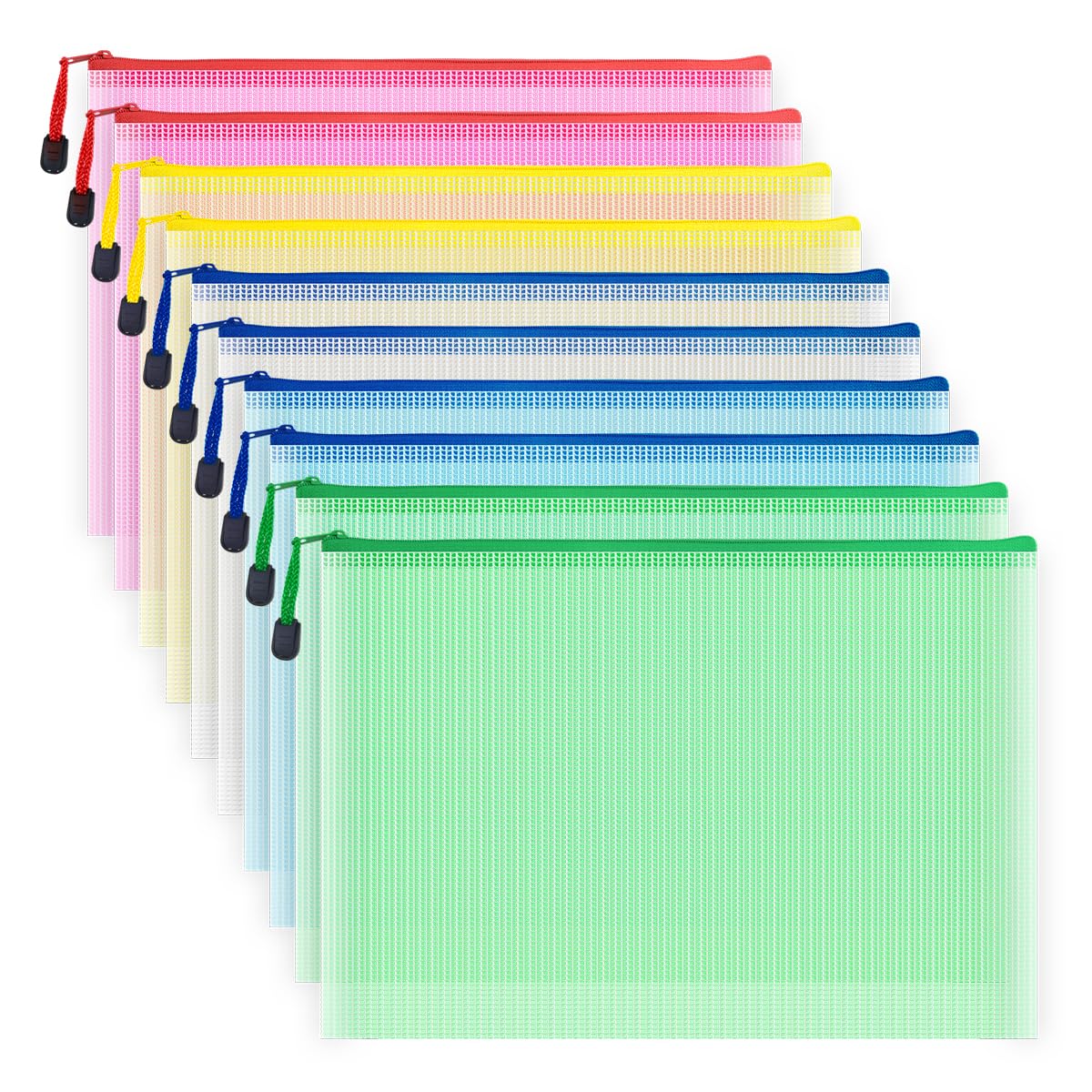 COWORK-UP 10PCS A4 Plastic Zip Wallets Board Game Storage Zip Bags Home Travel Organiser, A4 Document Folders Mesh Zipper Pouch Bags for Office School Supplies