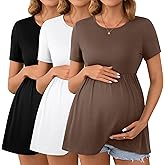 Ficerd 3 Packs Cotton Women's Maternity Tops Short Sleeve Scoop Neck Elastic Band High Waist Shirts Pregnancy Clothes
